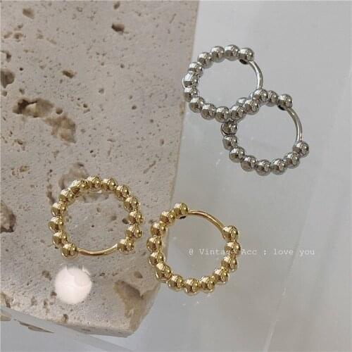 Korean Retro Geometric Earrings Metal Wind Hollow Ear Clasp Instagram Bloggers Beaded Round Style Ear Clasp
