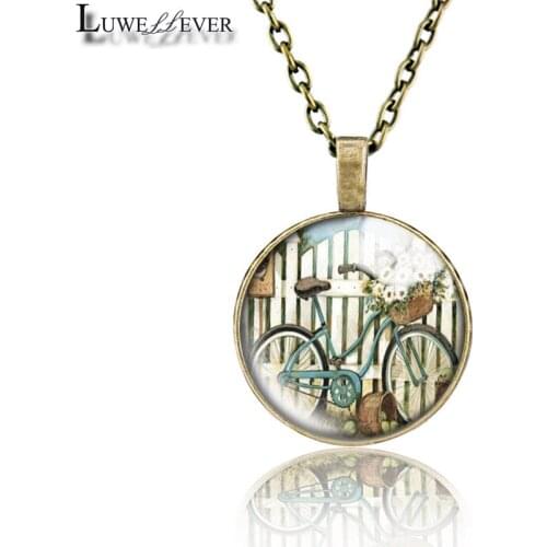 Bicycle Necklace 682 25mm Bronze 30mm Wood Rhinestone Double-sided Moon Round Glass Pendant For Women Gift