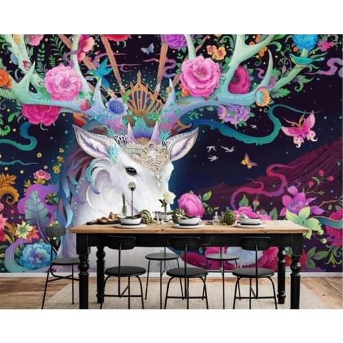 Beibehang Custom Vinyl wall modern beautiful hand drawn fantasy elk flower peony wallpaper background wall papers home decor