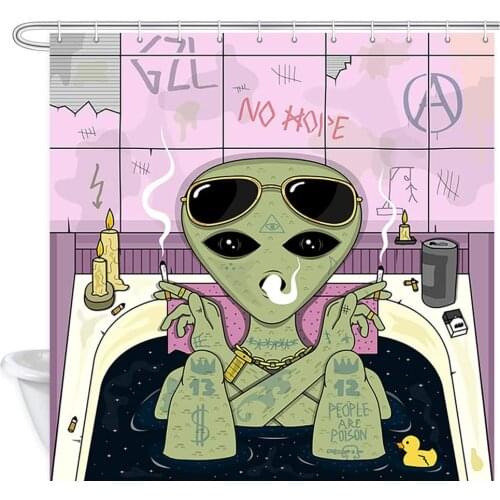 Funny Alien Smoke and Chill in Bath Polyester Fabric Bath Curtain with Hook