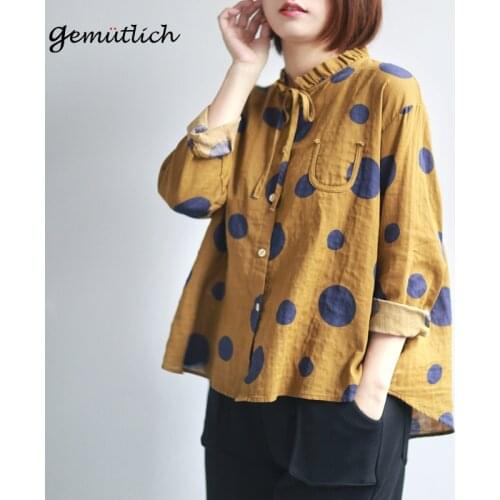 2018 GEMUTLICH Women Over Size Cotton Linen Loose Shirt A-line Polka Dot Blouse Tops Ruffled Collar Long Sleeves Cardigan