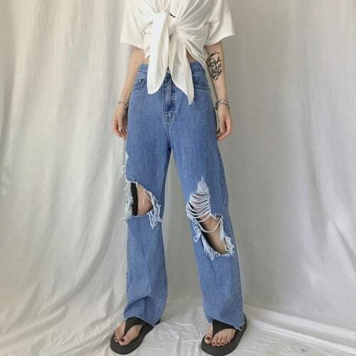 Womens Jeans Solid Color 2021 Autumn Hole Pierced Jeans For Girls High Waist Loose Denim Pants Wide Leg Straight Pants