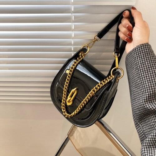 Women Crossbody Shoulder Bags Casual Saddle Bags For Women Luxury Metal Chain Handbag And Purse Bright Patent Leather Lady Bag