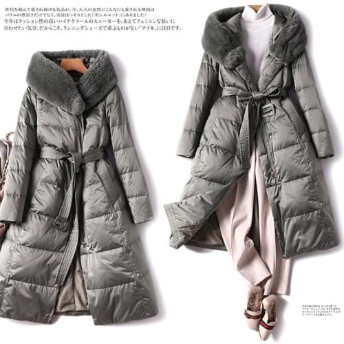 SHUCHAN Womens Down Jacket Winter Long Zipper Hood Coats and Jackets Women Belt Natural Fur Rabbit Abrigos De Mujer