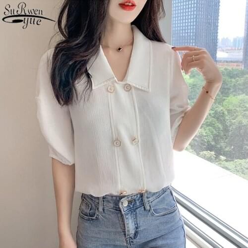 Short Sleeve Women Tops Blouse Solid Chiffon Blouse 2021 Summer Elegant Shirt Simple White Korean Tops Office Lady Clothes 10290
