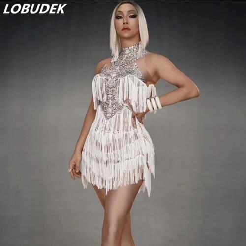 Vintage Printed White Tassels Dress Sleeveless Fringes Short Dress Sexy Women Singer Bar Party One Piece Nightclub Costume