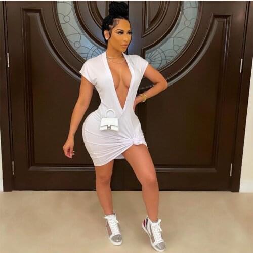 Summer Short Sleeve Deep V Neck Sexy close-fitting Dress Summer Women Fashion Streetwear Clothing