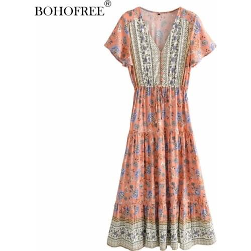 Boho Vintage Rayon Cotton Vestidos Floral Print Dresses Women V Neck Button Short Sleeve Long Dress Bohemian Vestidos