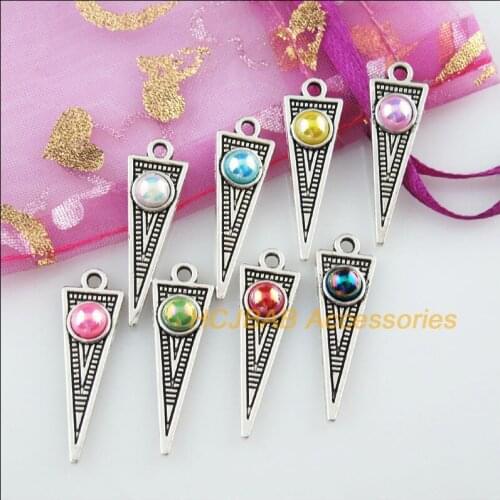 16Pcs Tibetan Silver Color Triangle Mixed Acrylic Charms Pendants 9x28.5mm