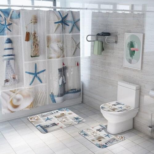 4pcs/set Starfish Print Bath Mats Anti Slip Toilet Rug Toilet Covers Mat Foot Pad Floor Rug Shower Curtain Sea Themed Home Decor