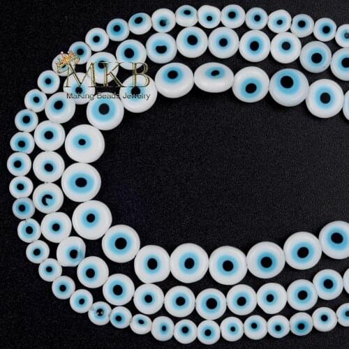 6 8 10mm White Evil Eye Beads Lampwork Glazed Glass Beads For Needlework Jewelry Making Handmade Bracelet Necklace 15inches