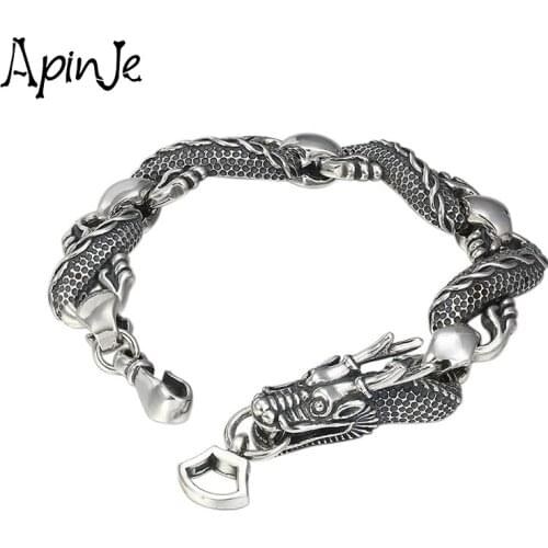 Apinje Retro 925 Sterling Silver Dragon Chain Bracelet Men Fashion Thai Silver Jewelry Male Big Bracelets