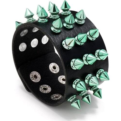 Jessingshow Green Three Row Cuspidal Rivet Wide Cuff Leather Bracelets Punk Gothic Rock Unisex Bangle Bracelet Men Jewelry