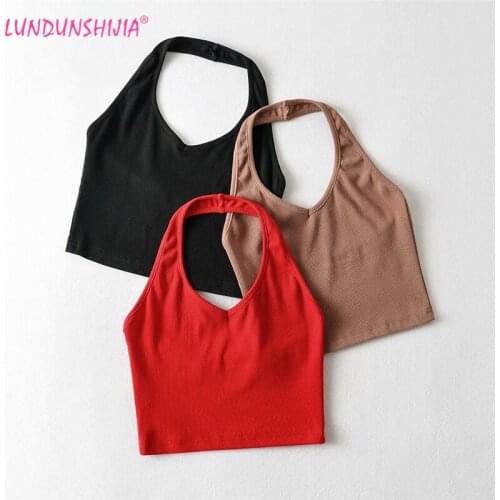 LUNDUNSHIJIA 2021 Summer Fashion Sexy Slim Womens Hang Neck Backless Halter Top Femme Clubwear Ribbed Cotton Tank Tops