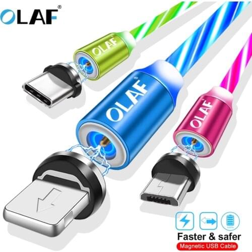 OLAF LED Light Magnetic USB Cable Fast Charging Micro USB Type C Cable charger For Iphone 7 8 X XR XS Max For Redmi Note 7 Cord