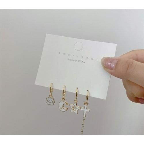 Fashion New S925 Ear Buckle Set Fashion Female Earrings Star And Moon Cross Ear Chain Retro Temperament Earrings Trend