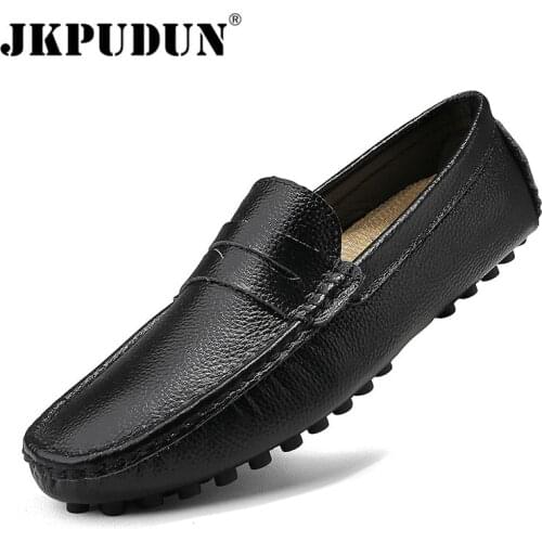 Genuine Leather Men Shoes Luxury Brand Italian Casual Mens Loafers Moccasins Breathable Slip on Boat Shoes Black Plus Size 39-50