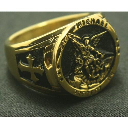 Men Boys Cool Cross SAINT MICHAEL PROTECT US Golden Ring 316L Stainless Steel Newest Cool Best Sellers