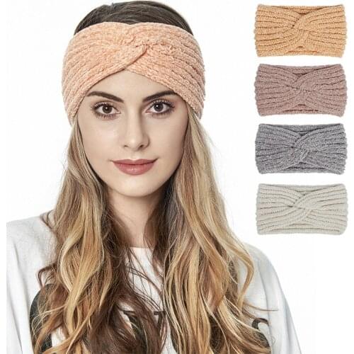 Soft Woolen Knitted Headband Chenille Hairband Twist Elastic Hair Bands Crochet Cross Ear Warmer Solid Color Hair Accessories