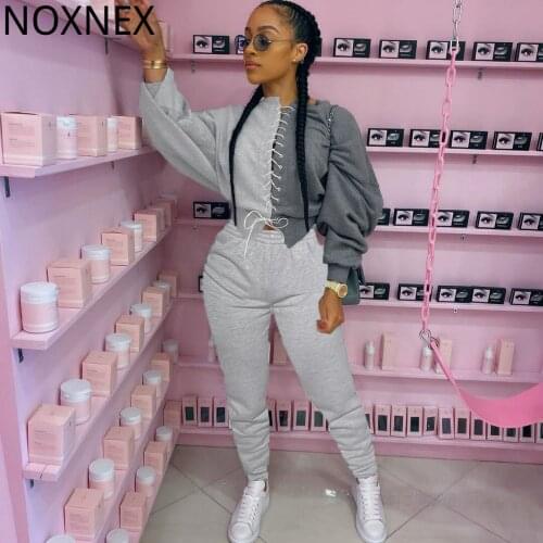 NOXNEX Patchwork Two-piece Womens Sports Casual Wear Autumn Clothes Sweatshirt Short Top Sweatpants Ladies Sports Suit Sportswe