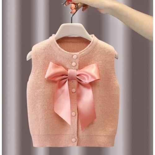 2021 Autumn Winter Baby Girls Knit Sweater Coats Vest Jackets Big Bow Fashion Kids Sweaters Overwear Clothes Free Ship