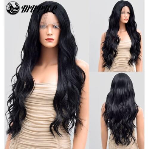 Black Body Wave Long Middle Parting Synthetic Wigs For Black Women T Part Lace Front Natural Fiber Hair Heat Resistant Wig