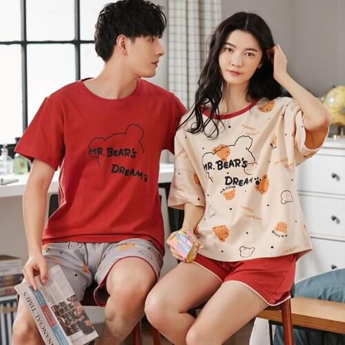 Couple Pajamas Sets Summer Leisure O-Neck Short Sleeve 100% Cotton Male Homewear Kawaii Women Cartoon Sleepwear Lovers Pajamas