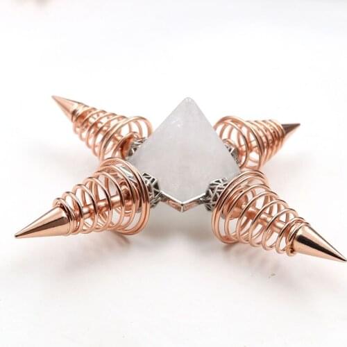 Rose Gold Color Spiral Metal Square Pyramid Rock Crystal Pendant Energy Converter Tiger Eye Stone Jewelry