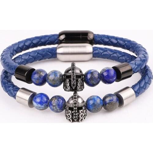 High Quality Men Bracelet New Design Natural Stone Stainless Steel Skull Charm Genuine Leather Bracelet Men