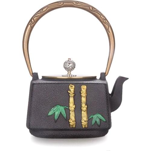 Japanese cast iron kungfu tea pot bamboo colour gold copper cap manual boiling water bottle kettle teapot teaware drinkware 1L