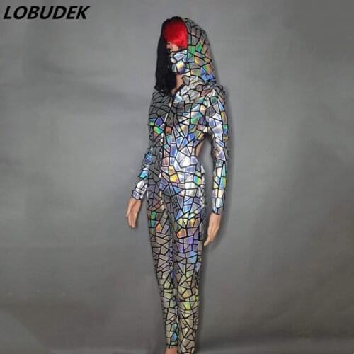 Sexy Backless Silver Laser Sequins Hooded Jumpsuit Women Singer Dancer Jazz Hip Hop Dance Costume Nightclub Bar Performance Wear