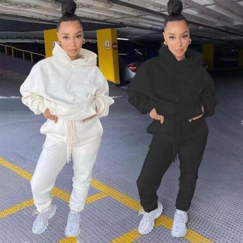 Solid Spring 2021 Two Piece Sets Pocket Hoodie Sweatshirt + Pants Sweat Suits Casual Sporty 2 PCS Outfits Tracksuits Female XXL