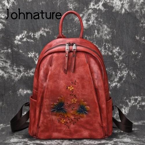 Johnature Vintage Large Capacity Backpack 2021 New Genuine Leather Embossing Women Bag Leisure Nature Soft Cowhide Travel Bags