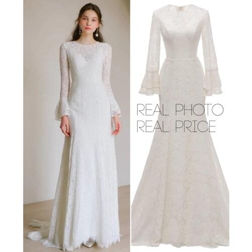 FANWEIMEI#1349 Lace LONG sleeve SIMPLE bridal GOWN plus women winter wedding dress real photo factory price