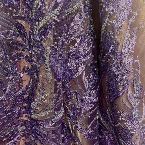 DHL Free 5 Yard 51" Luxury Pury Heavy Beads Sequins Embroidery High Quality Evening Party Gown Dress Tulle Mesh Lace Fabric