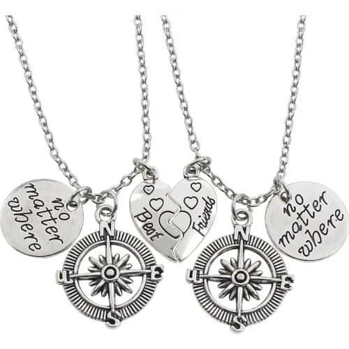 2 Piece Set Of Best Friend Necklace For Women Retro Heart Stitching Pendant Fashion Compass Compass Necklace Friendship Jewelry