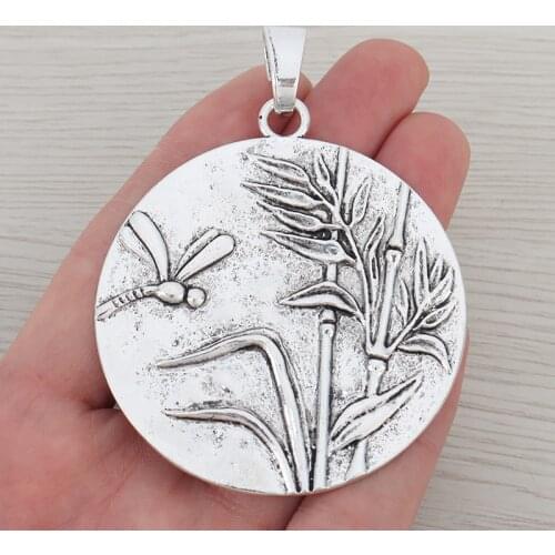 3 x Tibetan Silver Dragonfly Reed Bamboo Large Round Charms Pendants for Necklaces Jewelry Making Findings 60x60mm