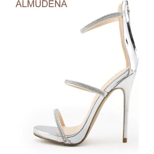 ALMUDENA Top Brand Crystal Sandals Silver Black Bling Bling Rhinestone Dress Shoes Sexy Stiletto Heel Triple Straps Wedding Pump