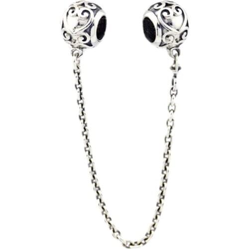 925 Sterling Silver Enchanted Heart Safety Chain Clip Beads Fits Pandora Bracelets Charms DIY Jewelry Making Gift for Women