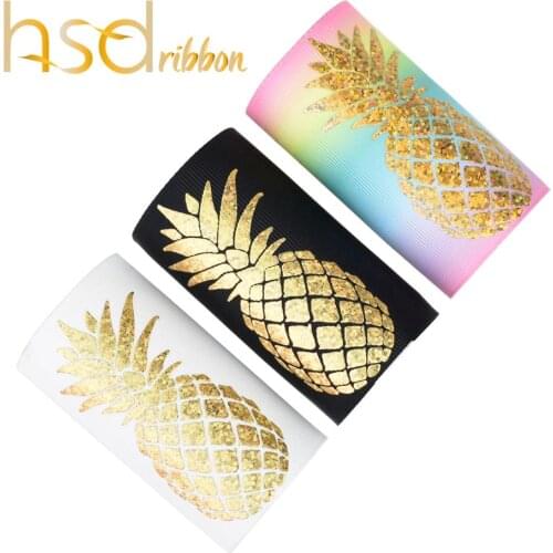 HSDRibbon 75MM 3 inch custom pattern Pineapple series laser gold Foil Printed on heat transfer printed Grosgrain Ribbon