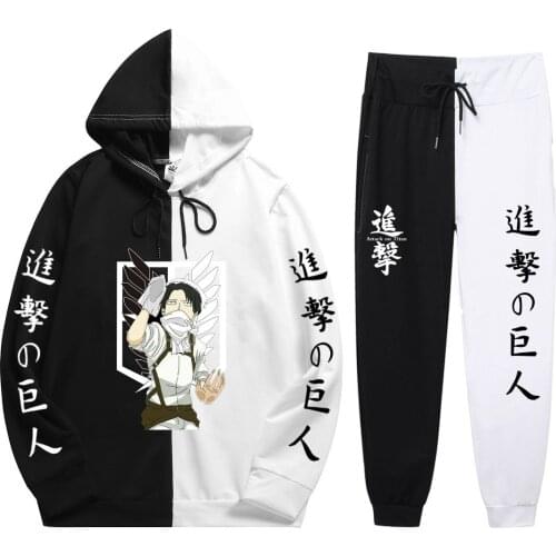 Summer 2 Pieces Sets Anime Attack on Titan Print Patchwork Thin Hoodie+Patchwork Pants New Fashion Senior Sweatshir