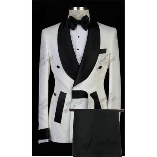 Fashion Design White Paisley Jacket Pant Double Breasted Party Men Suit Slim Fit Groom Tuxedo Mens Wedding Suits Best Man Blazer