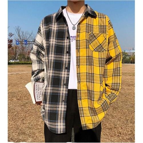 Mens Formal Shirts 2021 Mens Korean Plaid Shirt Fashion Patchwork Long Sleeve Casual Hip Hop Street Wear