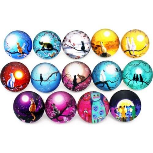 New Arrival 12pcs/lot glass 18mm snap buttons cat leather clasp snap button bracelet snap Bangles jewelry