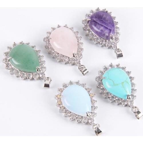Reiki Natural Gem Stone Water Drop Necklace Pendants Purple Pink Quartz Lapis Lazuli Tiger Eye Opal Rhinestone Jewelry D125