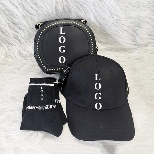 Handbags Famous Brand Metal Logo Custom Round Purse 2021 Women Elegant Black Handbags and Hats and Socks Set