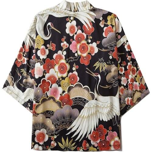 Thin Robe Clothing 2020 Harajuku Japanese Waves Casual Print Flower Crane Kimono Streetwear Men Women Cardigan Chinese Character