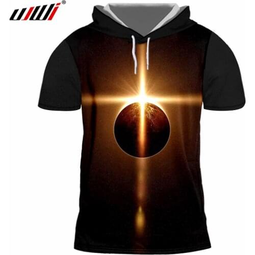 UJWI Black Hooded T-shirt Men Summer Tops 3D Universe Space Printed Tshirts Male Hip Hop Streetwear Short Sleeves Hoodies Tees