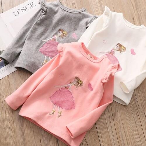 2020 Spring Autumn 2-10 Years Old Baby ChildrenS Clothing Long Puff Sleeve Solid Color Cartoon Basic T Shirts For Kids Girls