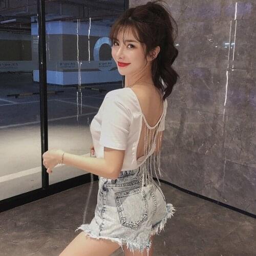 White sexy open back t-shirt female spring and summer 2021 new Korean fashion thin short sleeve top womens fashion
